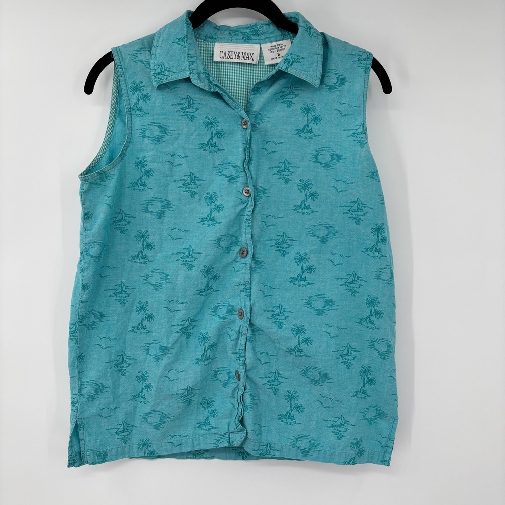Casey & Max‎ Vintage Turquoise Tropical Palm Sailboat Sleeveless Cotton Shirt S